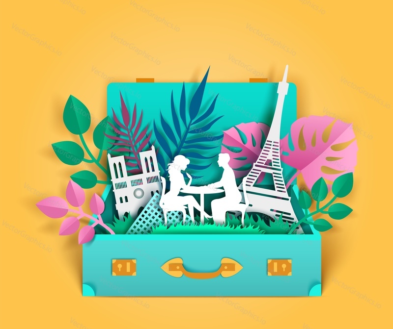 Huge suitcase with romantic couple in love sitting at table, Paris attractions silhouettes inside, vector illustration in paper art style. Travel to Paris composition for poster, banner etc.