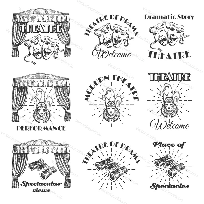 Vintage theatre label, emblem, badge and logo set, vector hand drawn monochrome illustration. Theater show performance symbols jester, drama and comedy masks, binoculars, theatrical stage decorations.