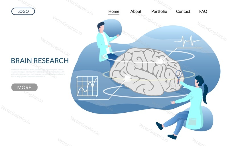 Brain research vector website template, web page and landing page design for website and mobile site development. MRI, head tomography, neurology laboratory.
