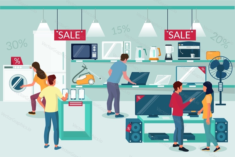 Electronics store sale promotion, vector flat illustration. The best deals and discounts on consumer electronic products and people shopping composition for poster, banner, flyer etc.