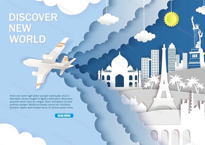 Discover new world web banner template. Vector layered paper cut style sky, airplane and world famous landmarks silhouettes. Worldwide tour, tourism, travel by air.