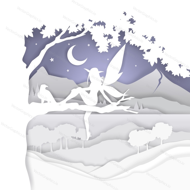 Cute fairy magical and fictional character silhouette sitting on tree branch, vector illustration. Fairytale composition in paper art modern craft style.