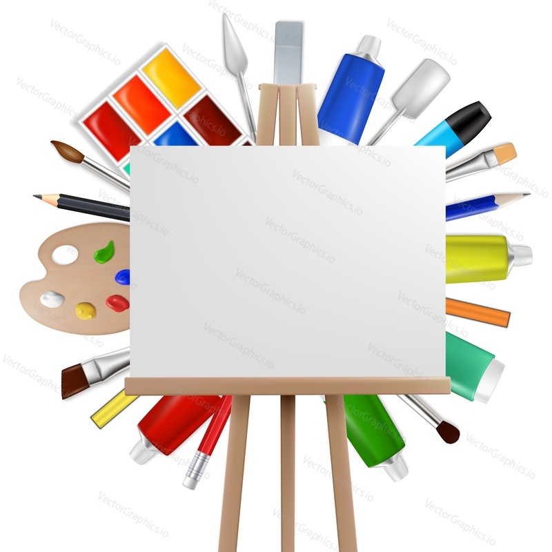 Art painter background, vector illustration. Art easel with canvas and copy space, artist tools and materials such as palette, painting brushes, paint tubes, pencils, knives, watercolor around it.