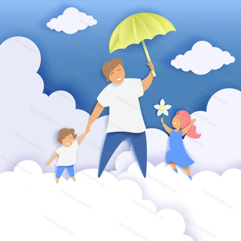 Happy father with two kids walking along fluffy clouds and holding umbrella, vector illustration in paper art craft style. Happy Fathers Day greeting card template.