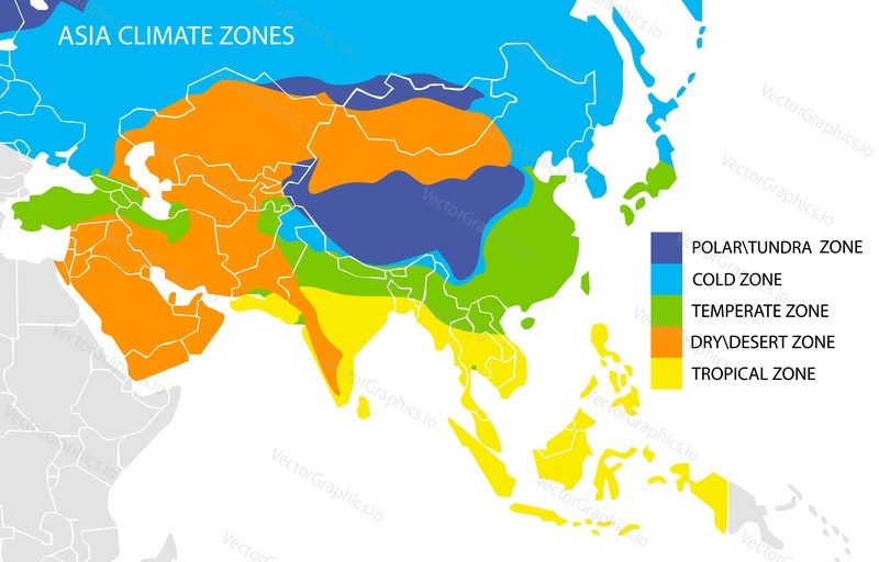 Asia climate zones map, vector geographic infographics. Climatic regions of Asia, geography science.