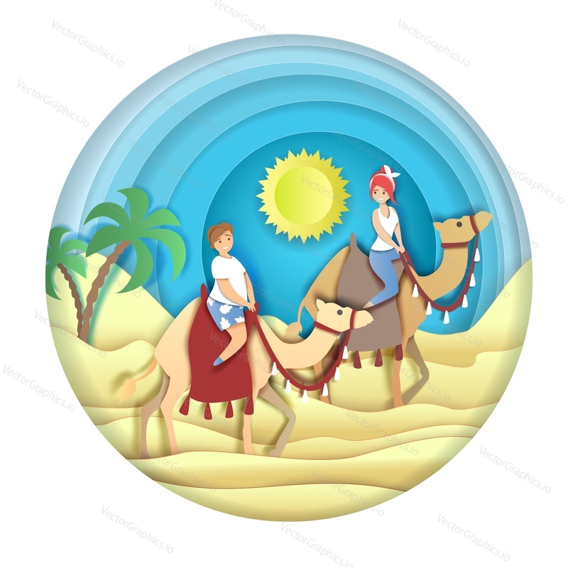 Desert trip, vector illustration. Layered paper cut style happy women tourists riding camels. Summer vacation, traveling to Egypt, camel ride concept for poster, banner, flyer etc.