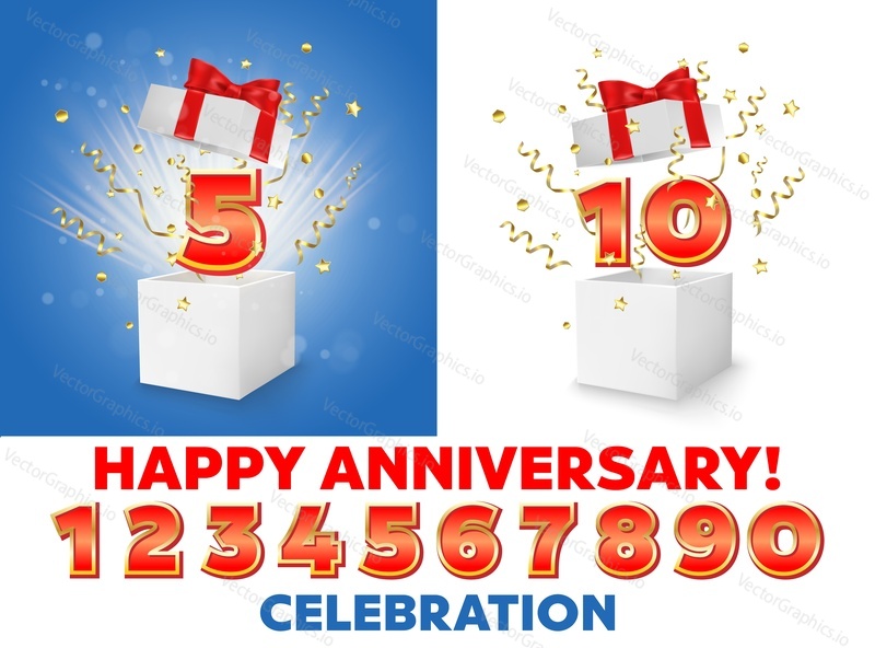 Happy anniversary celebration vector illustration. White open gift boxes with gold serpentine and confetti explosion, red numerals from 0 to 9 and text. Anniversary construction kit for card, banner.