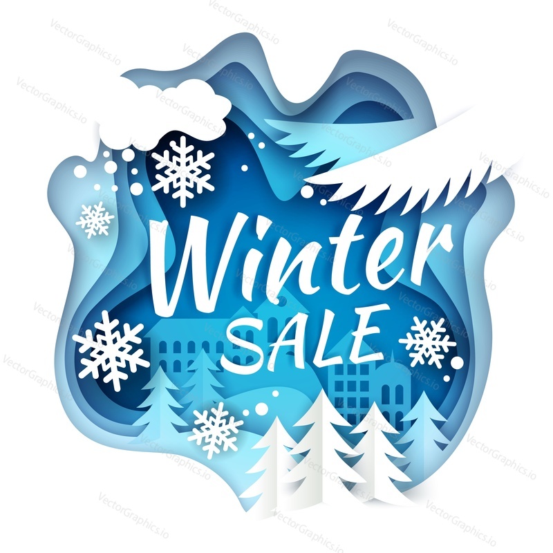 Vector layered paper cut style winter city scenery with snowy trees, buildings, snowflakes. Winter sale creative hand lettering typography. Seasonal winter sale composition for banner, poster etc.
