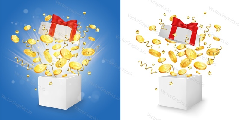 Белые открытые подарочные коробки с долларовыми монетами, золотым серпантином и взрывом конфетти, векторная изолированная иллюстрация. Концепция маркетинговой стратегии программы вознаграждения кэшбэком для промо-баннера, постера и т.д.