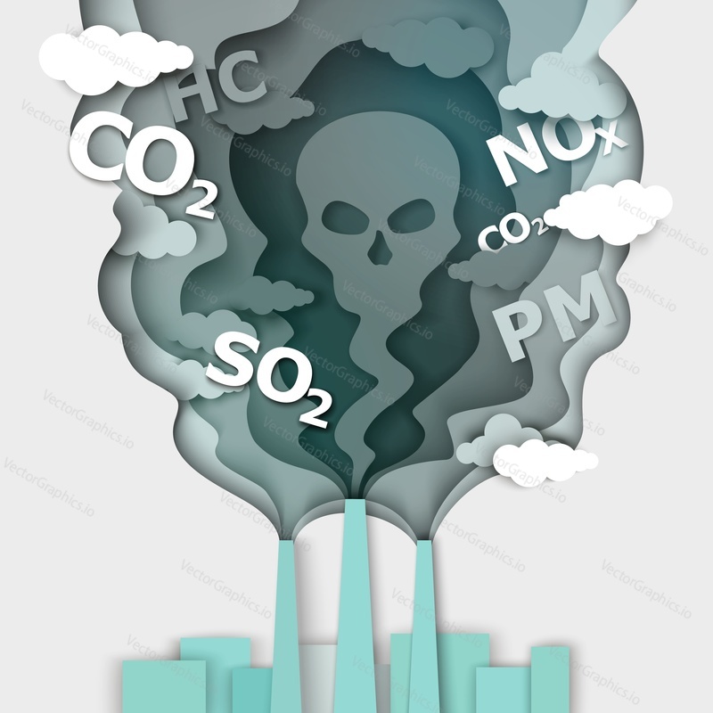 Vector layered paper cut style toxic smoke CO2 emissions from industrial factory chimney. Environmental problems, air pollution, industrial smoke clouds.