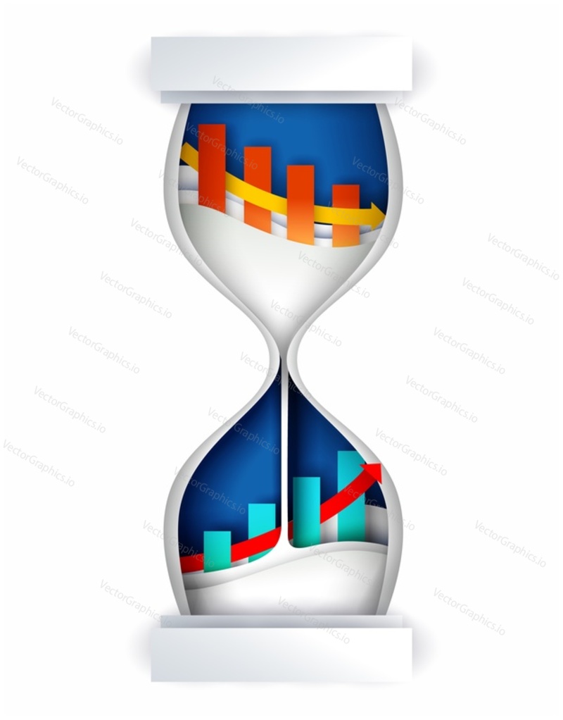 Hourglass, symbol of time with finance charts inside of it, vector illustration in paper art style. Time investment concept for web banner, website page, poster, etc.