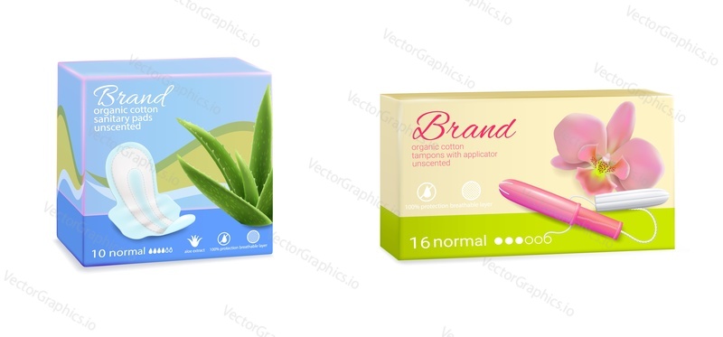 Realistic feminine hygiene tampons with applicator and sanitary pads packaging boxes, vector illustration isolated on white background. Organic cotton women care product pack mockup set.
