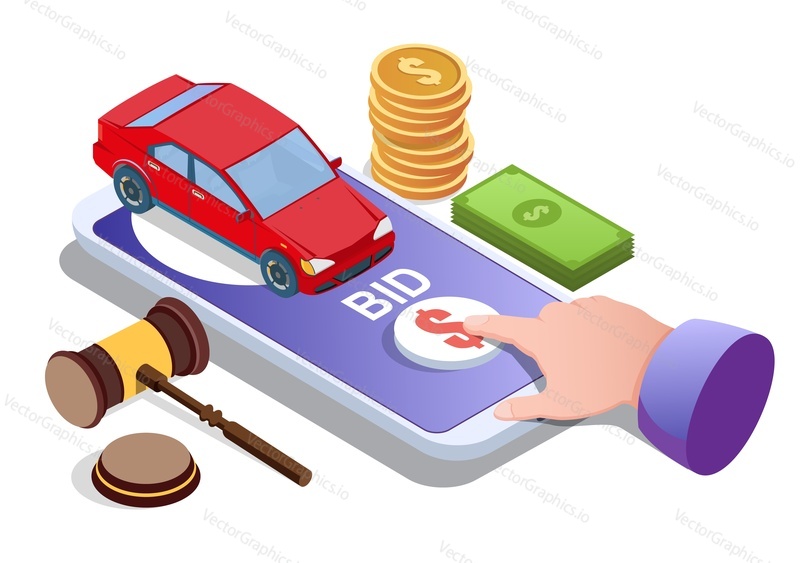 Car auction online, vector illustration. Isometric smartphone with car on screen, finger tapping bid button. Auction and mobile bidding concept for web banner, website page etc