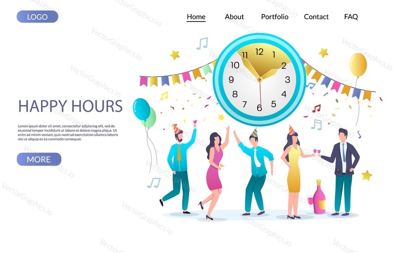 Happy hours vector website template, web page and landing page design for website and mobile site development. Corporate party celebration.