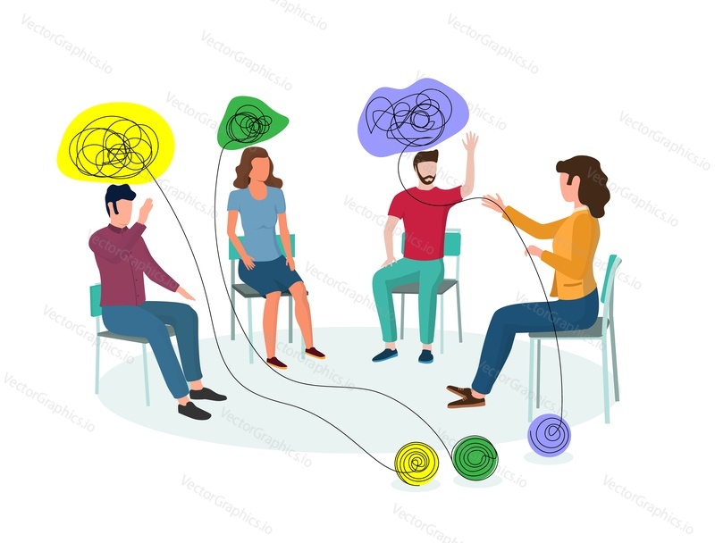 Mental health professional, female working with small group of clients having psychological, emotional, interpersonal problems, vector illustration. Group psychotherapy, psychological help concept.