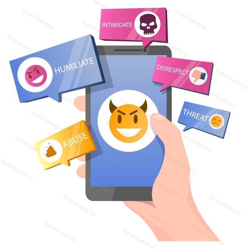 Hand holding smartphone with dislikes, bad comments, insulting messages, vector illustration. Internet trolling, social media bullying, cyberbullying, digital harassment concept for website page etc