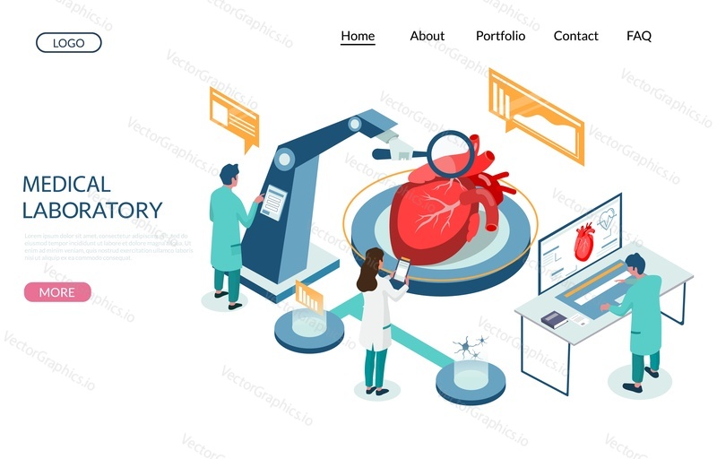 Шаблон векторного веб-сайта медицинской лаборатории, дизайн веб-страницы и целевой страницы для разработки веб-сайтов и мобильных сайтов. Сердечные тесты, концепция обследования здоровья сердца.