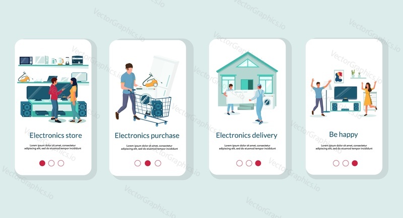 Electronics store mobile app onboarding screens. Menu banner vector template for website and application development. Consumer electronic products and home appliances sale, purchase and delivery.