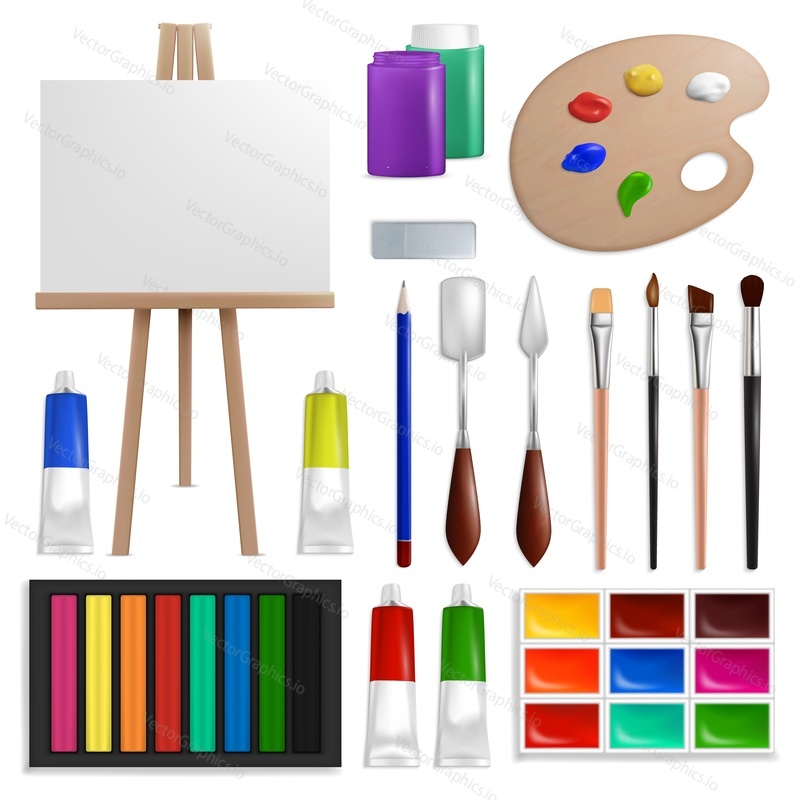 Art painting tools and accessories, vector isolated illustration. Art equipment and supplies, artist tools and materials easel with canvas, palette, painting brushes, paint tubes, pencil, watercolor.