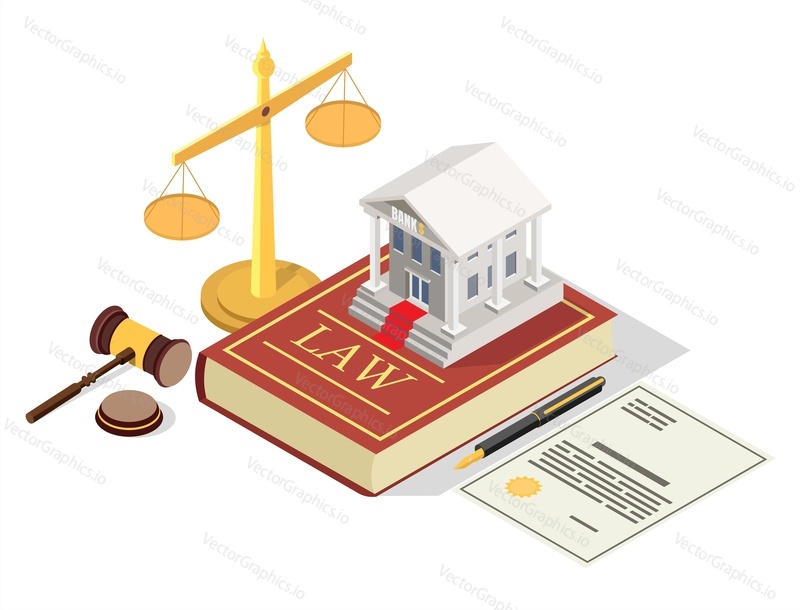Banking law vector concept illustration. Isometric legal symbols Law book with bank building, scales of justice, judge gavel, agreement. Bank regulation law composition for web banner, website page.