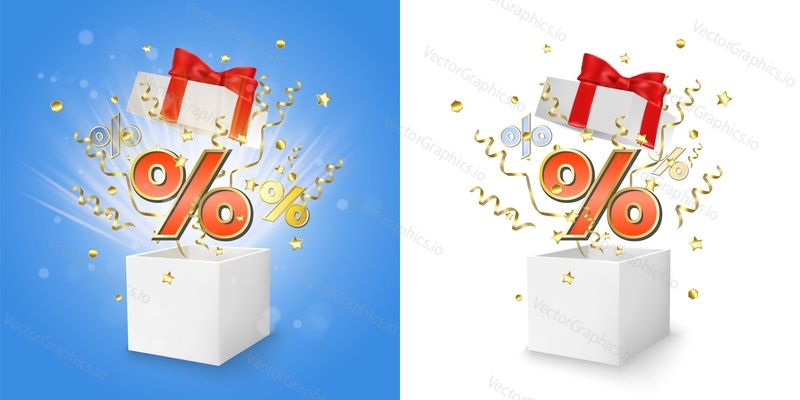White open gift boxes with special offer price signs, gold serpentine and confetti explosion, vector isolated illustration. Discount sale loyalty program marketing strategy concept for banner, poster.