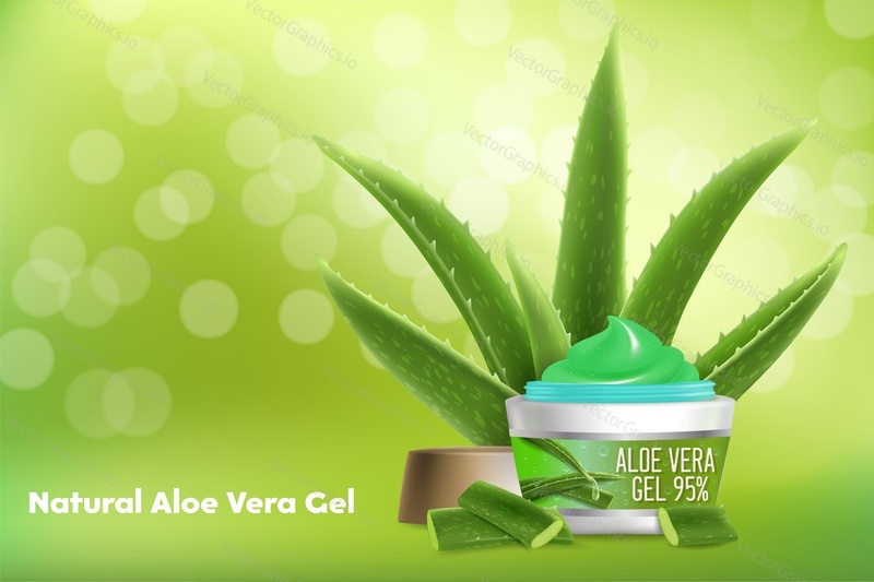 Natural aloe vera gel vector advertising poster template. Aloe vera soothing gel skin care and beauty cosmetic product brand advertisement.