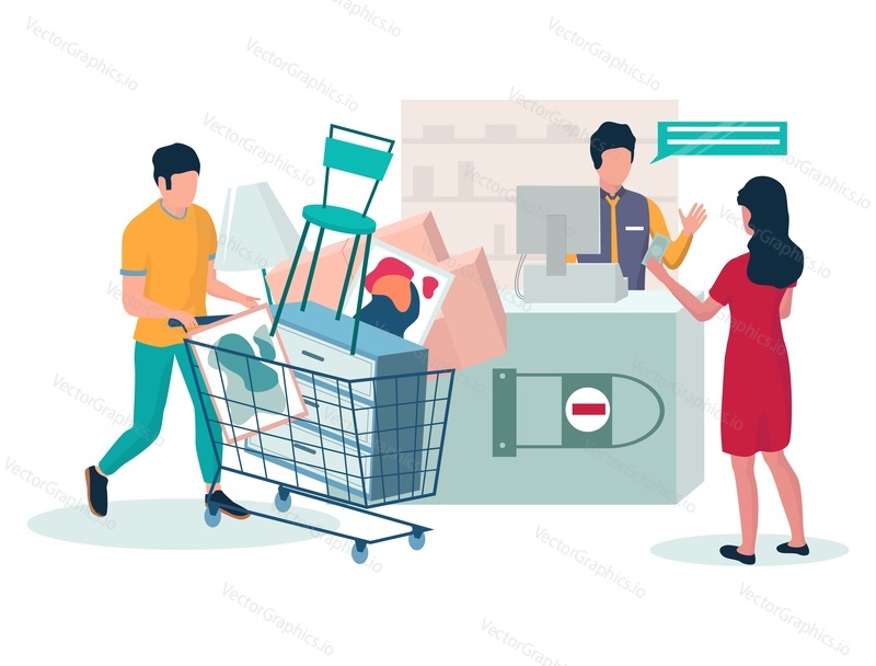 Furniture store cash-desk with salesman and people with shopping cart paying for purchases, vector flat illustration. Happy couple buying furniture for living room interior.