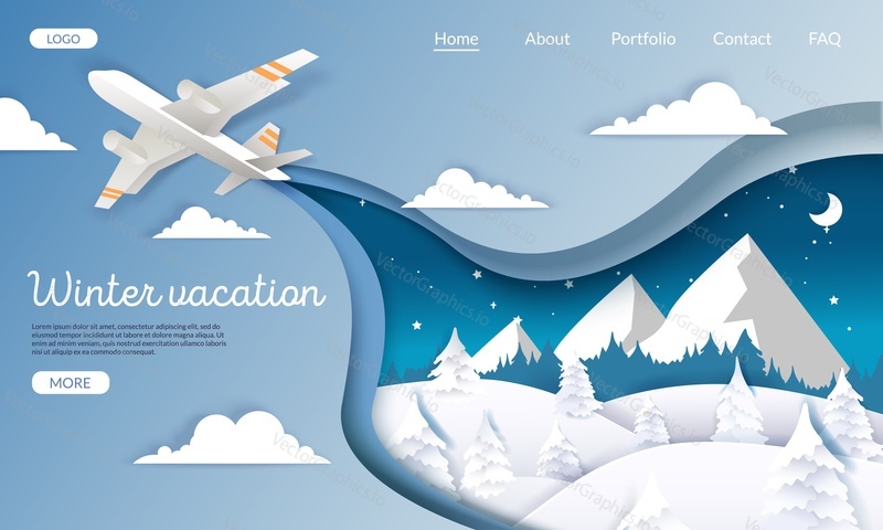 Winter vacations vector website template, web page and landing page design for website and mobile site development. Mountain tourism, winter holidays, travel concept, layered paper cut style.