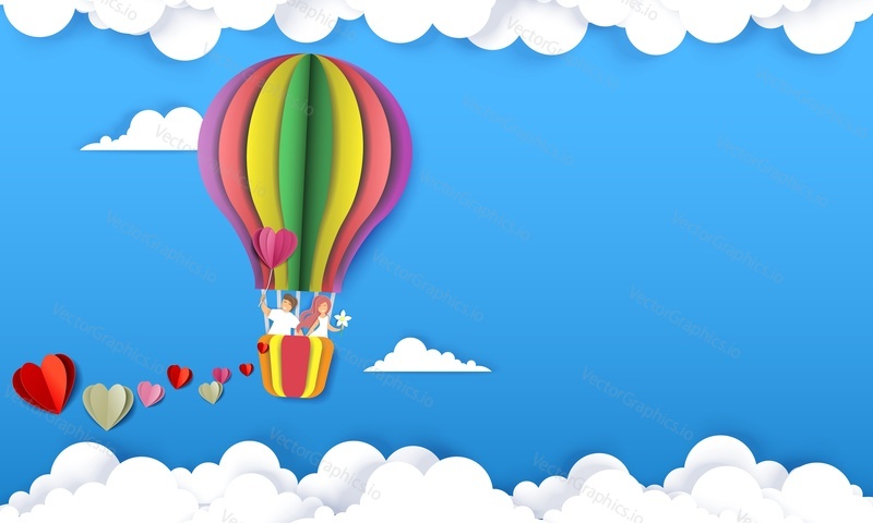 Happy couple flying in hot air balloon, vector illustration in layered paper cut craft style. Valentines Day greeting card, poster, banner template with copy space.
