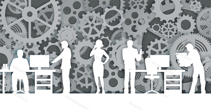 Office life scene, vector illustration in paper art modern craft style. Paper cut business people silhouettes on steampunk style clock mechanism background. Work like clockwork concept for poster etc.