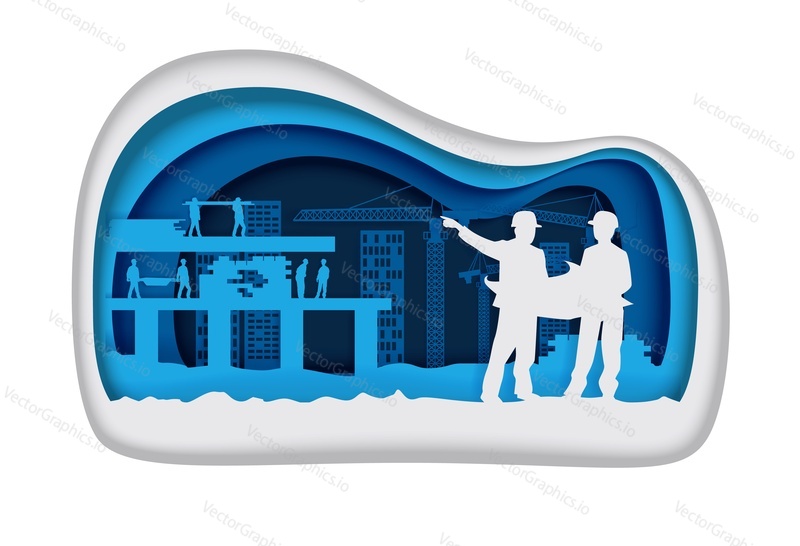 Housing development vector concept illustration in paper art style. Layered paper cut construction site with engineers silhouettes. Home building industry concept for poster, banner, website page etc.