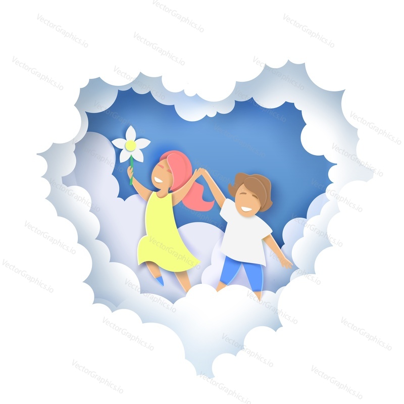 Layered paper cut style heart with happy cute kids couple walking along fluffy clouds holding hands. Vector illustration in paper art craft style. Valentines Day greeting card template.