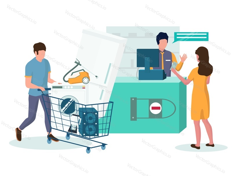 Electronics store cash-desk with salesman and people paying for purchases, vector flat illustration. Happy couple buying home appliances such as fridge, washer, loudspeaker, vacuum cleaner.