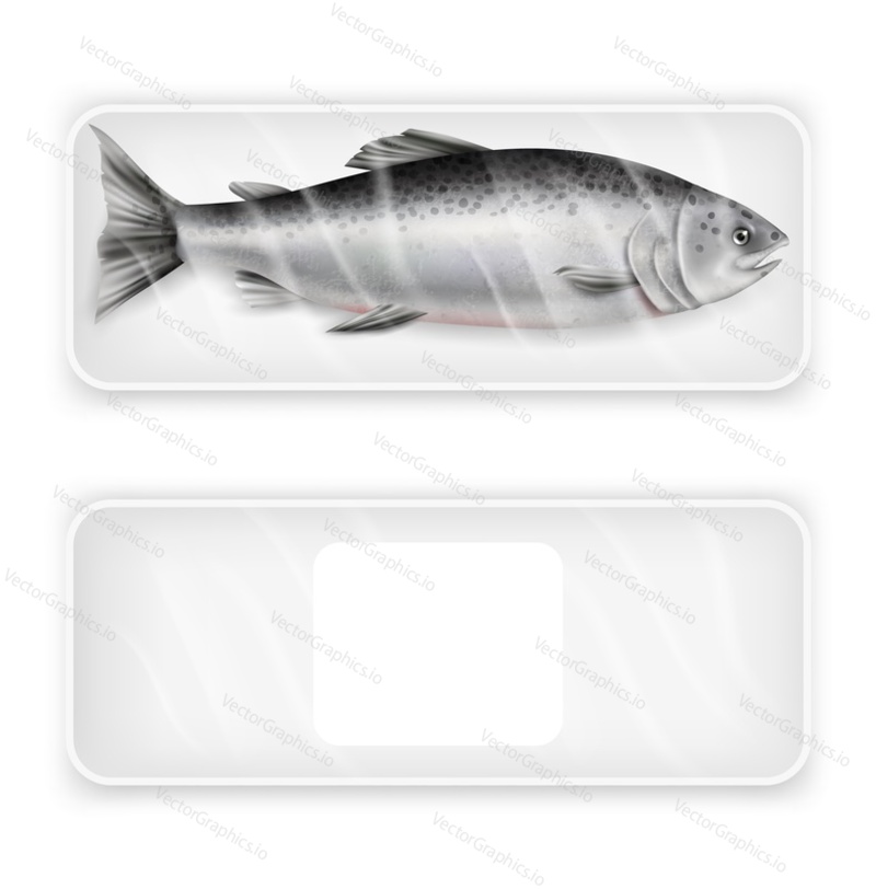 Salmon red fish package, vector realistic isolated illustration. White blank and with fresh fish pack, food plastic tray mockup set. Luxury seafood product for cooking advertising template.