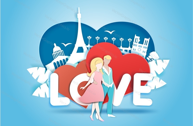 Счастливая любящая пара, любовное слово, два красных сердца, памятники Парижа и исторические места, векторная иллюстрация в стиле бумажного искусства. Романтическая любовь, композиция для путешествия в медовый месяц для открытки, плаката, баннера.