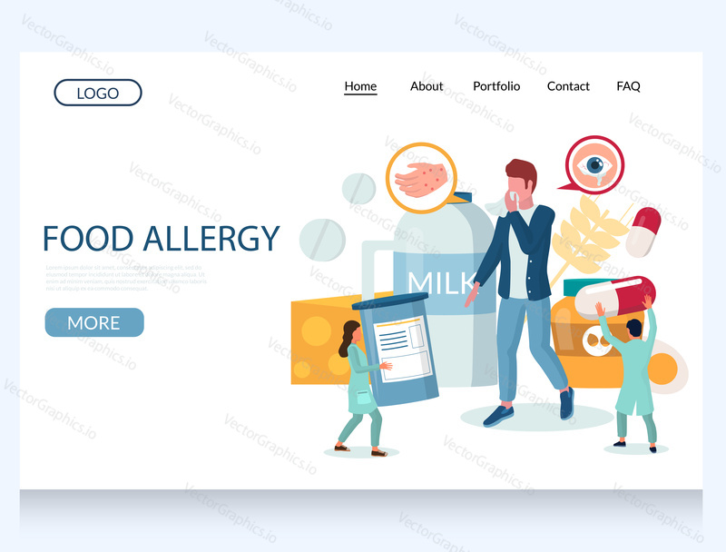 Food allergy vector website template, web page and landing page design for website and mobile site development. Man suffering from itchy red rash, watery eyes. Allergic reaction to milk, cheese, eggs.
