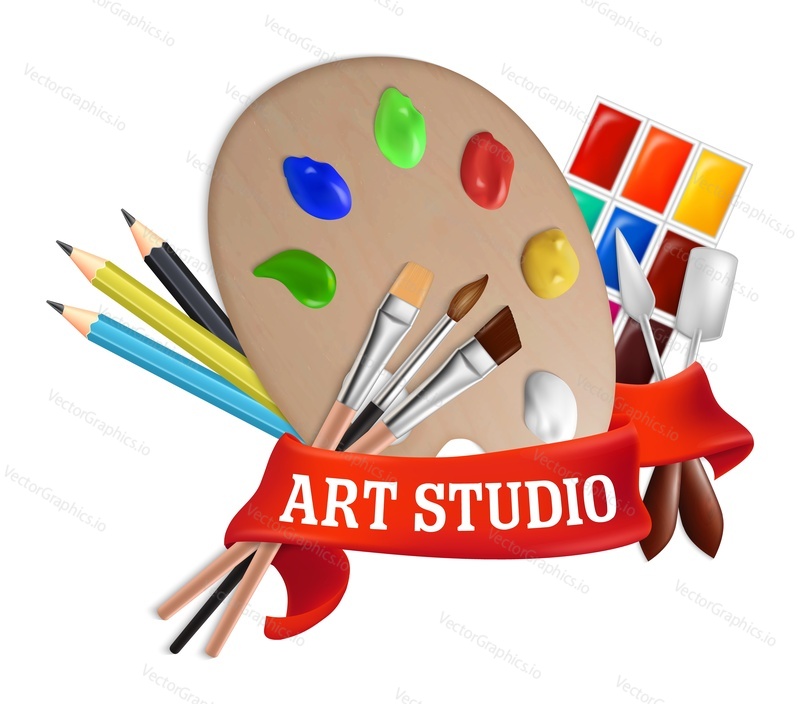 Art studio label, emblem, logo vector template. Realistic artist palette with tools for painting such as paintbrushes, watercolor paints, knives and pencils.