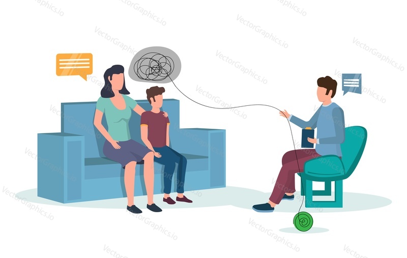 Child psychology, vector flat illustration. Psychologist talking to mother and her son having mental problems. Psychotherapy session, counseling, mental treatment concept for poster, banner etc.