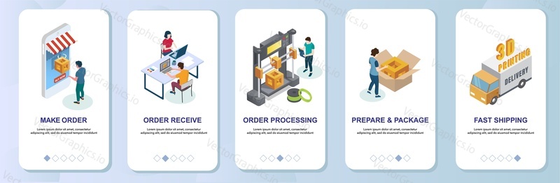 Online 3d printing services mobile app onboarding screens. Menu banner vector template for website and application development. Making order, rapid prototyping process and delivery.