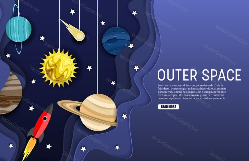 Outer space web banner template. Vector layered paper cut style Sun with solar system planets, flying rocket, comet and stars. Space journey, universe exploring concept.