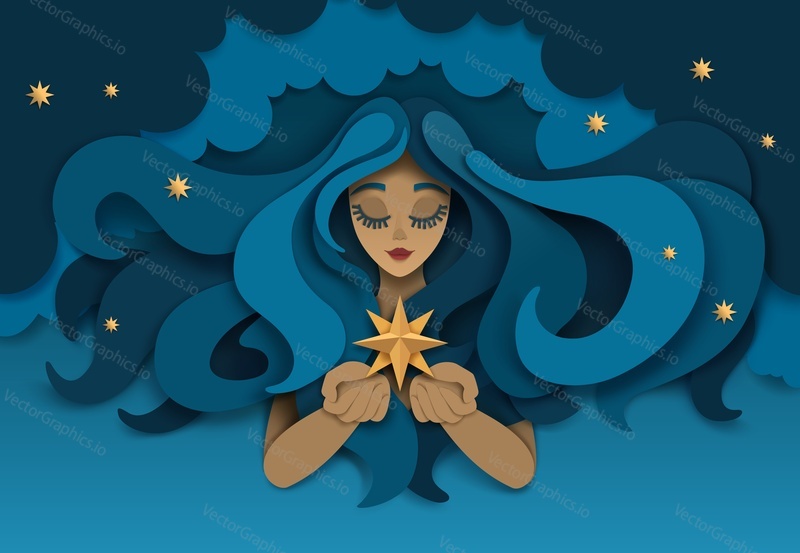 Beautiful girl with long wavy hair dreaming to catch a star, vector illustration in paper art modern craft style. Success, career, happiness, wealth concept.