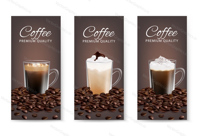 Coffee flyer set, vector realistic illustration. Coffee beans, mugs with beverages and lettering composition for advertising poster, banner etc.