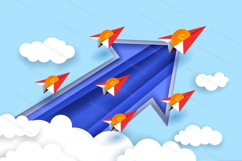 Growing arrow, flying up paper planes with dollar coins. Vector illustration in paper art style. Rising US dollar, currency rate increase concept for web banner, website page, poster, etc.