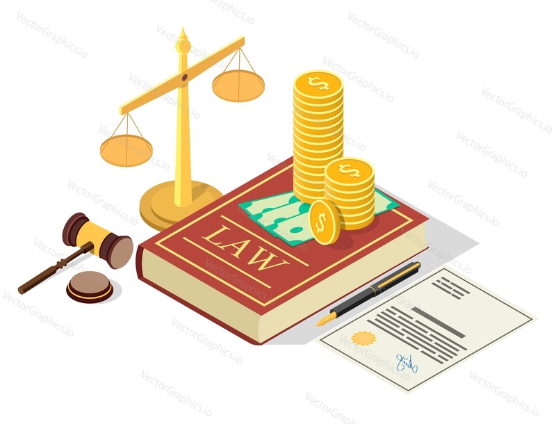 Lobbying vector concept illustration. Isometric juridical symbols Law book with money, scales of justice, judge gavel. Political corruption, law promotion composition for web banner, website page etc.