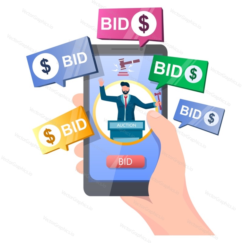 Auction online, vector illustration. Hand holding smartphone with auctioneer, gavel, bid button on screen and bidder messages. Auction and mobile bidding concept for web banner, website page etc.