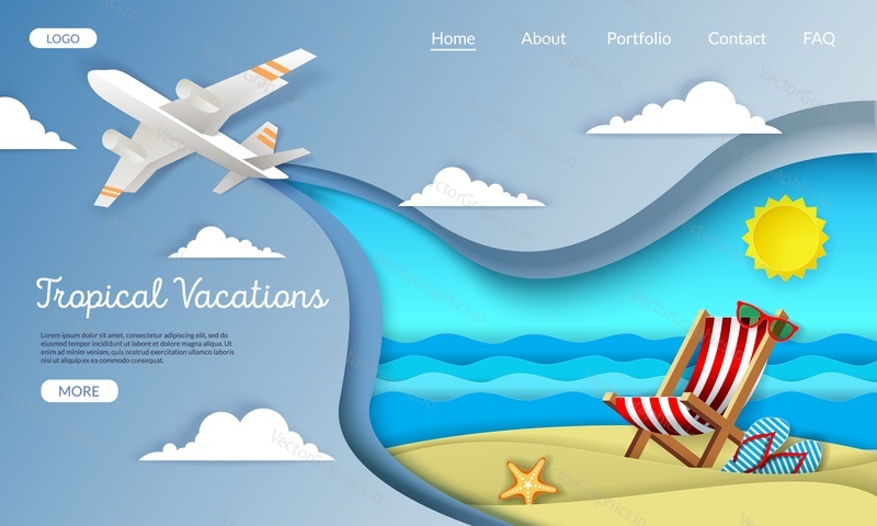 Tropical vacations vector website template, web page and landing page design for website and mobile site development. Summertime beach holidays, layered paper cut style.