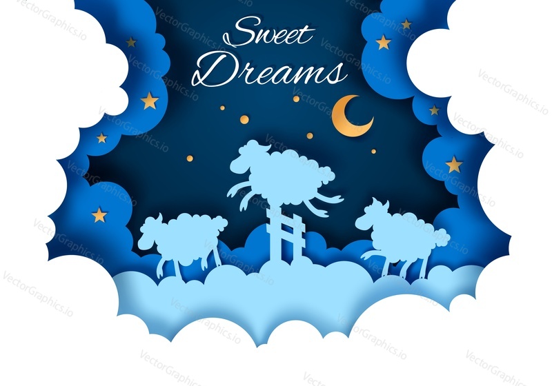 Vector layered paper cut style moonlit starry night sky with cute sheep jumping over fence. Sweet dreams concept for card, banner, flyer etc.