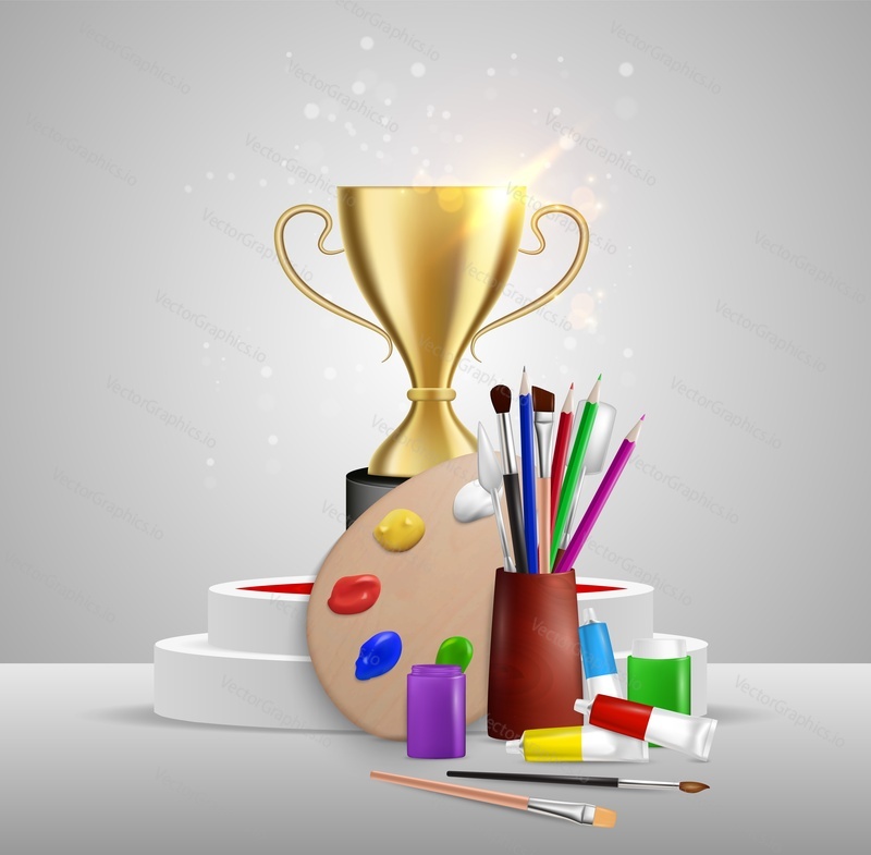 Artist competition emblem, logo, vector illustration. Realistic gold trophy cup on winner podium, art palette, brushes, paint tubes and pencils composition for art contest poster, banner, etc.