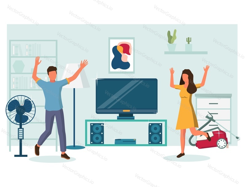 Happy couple enjoying purchasing of new home theater, vacuum cleaner and pedestal fan vector flat illustration. Shopping for electronics and household appliances concept for web banner, website page.