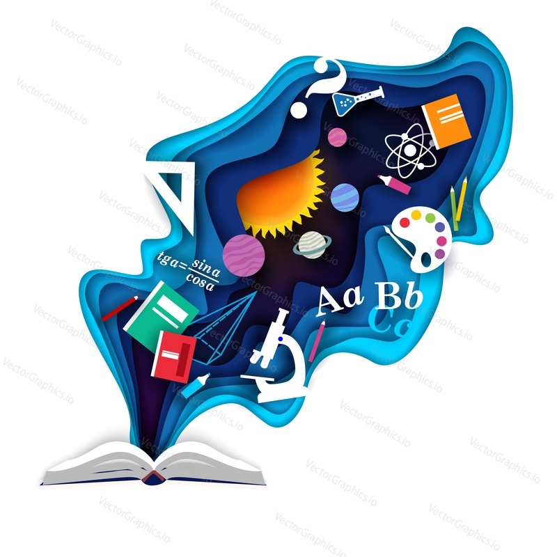 Vector layered paper cut style open book with school supplies flying out of it. Children education, knowledge, back to school concept.